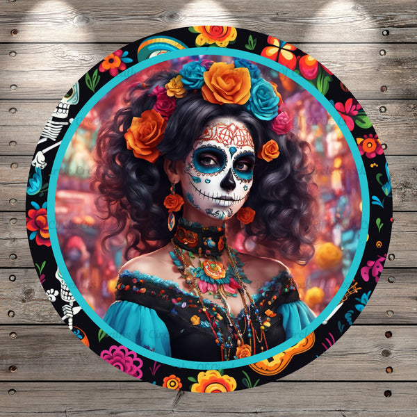 Day of The Dead, Skull Lady, Blue, Orange, Pink Roses, Multi, Halloween, Round UV Coated, Metal Sign, No Holes