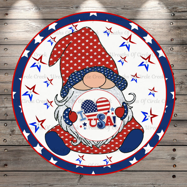 Patriotic Gnome, USA, Stars, Round Light Weight, Metal Wreath Sign, No Holes