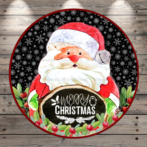 Merry Christmas Santa, Snowflakes, Black, Red, Holly Leaves and Berries, Round, UV Coated,  Light Weight, Metal Wreath Sign, No Holes