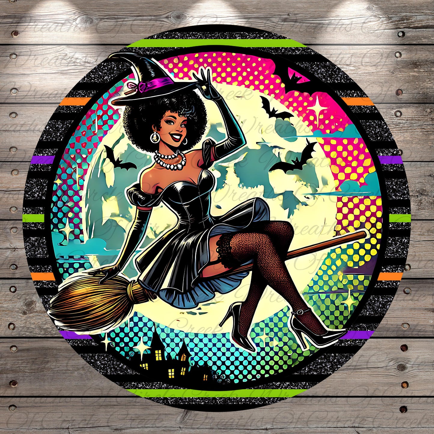 A woman dressed as a witch, wearing a black dress and a purple hat, is depicted flying on a broomstick against a colorful, starry background with bats and a full moon.