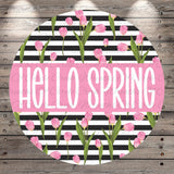 A circular design with a black and white striped pattern and pink tulips. The text "Hello Spring" is prominently displayed in the center of the design.