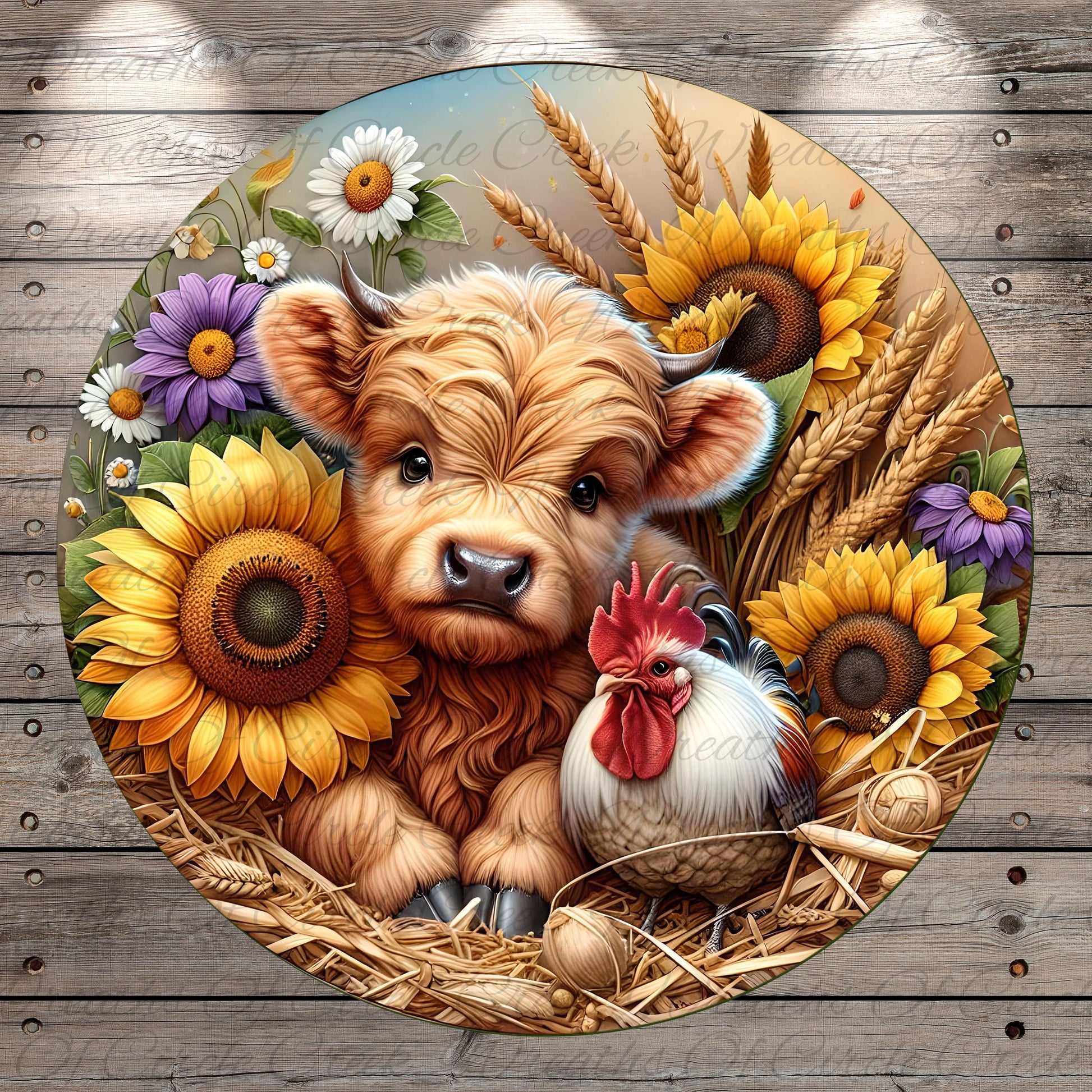 A cow and a rooster are depicted in a pastoral scene, surrounded by a variety of flowers and grains.