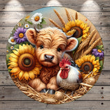 A cow and a rooster are depicted in a pastoral scene, surrounded by a variety of flowers and grains.