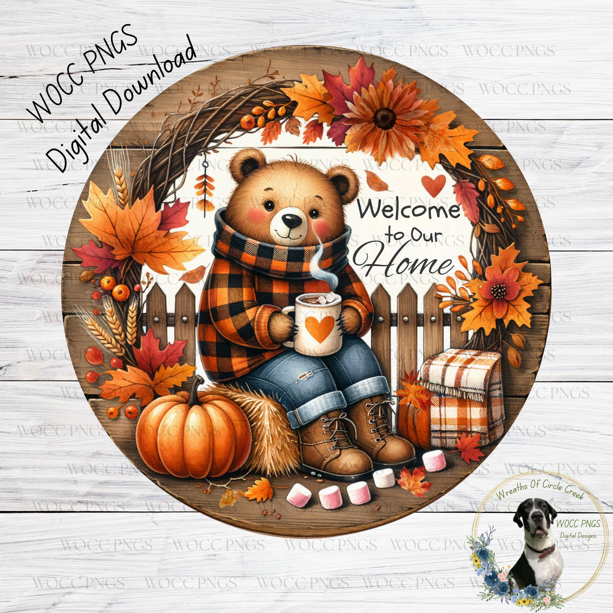 A digital illustration of a teddy bear sitting on a bench, holding a mug and surrounded by autumn decorations such as pumpkins, leaves, and flowers. The text "Welcome to our Home" is displayed above the bear, and the image is described as a "Welcome to our home" sign.