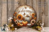 a decorative welcome sign with a rustic wooden background, surrounded by autumn-themed elements such as pumpkins, sunflowers, and flowers.