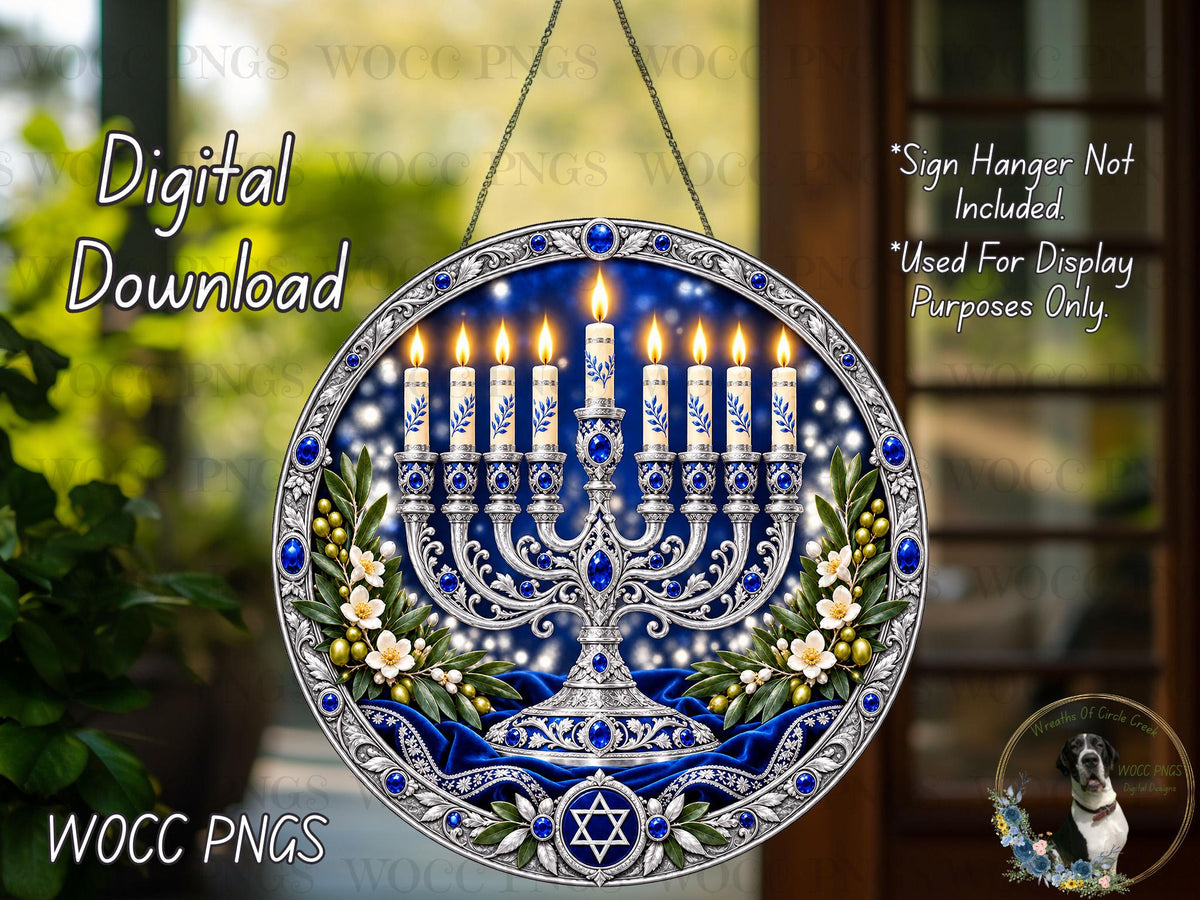 The image is a digital download of a round, ornate, and intricately designed Hanukkah menorah hanging on a wall.
