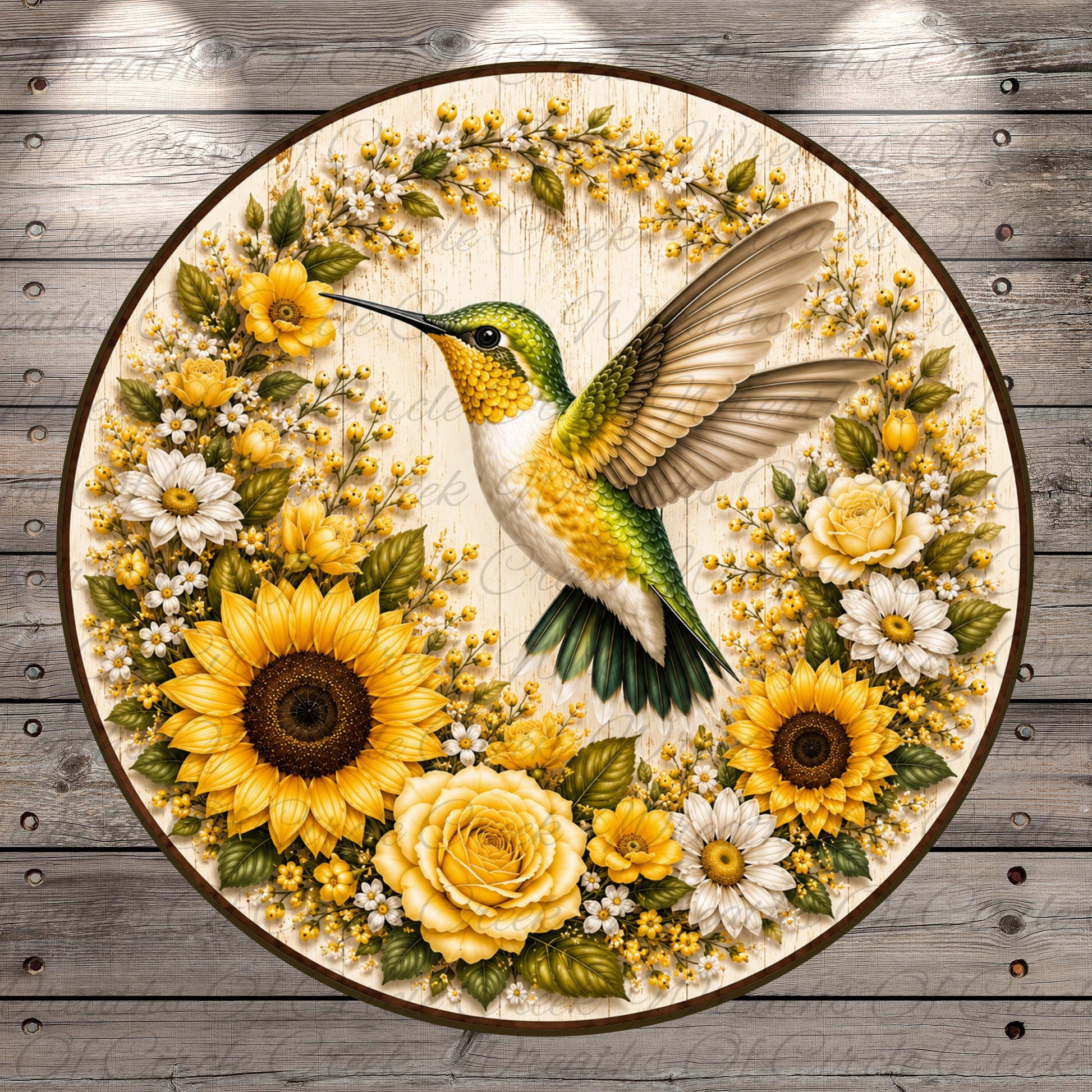 A vibrant, circular collage featuring a detailed illustration of a hummingbird surrounded by a lush floral wreath.