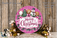 A festive Christmas wreath with a snowman, gingerbread cookies, and a "Merry Christmas" sign, surrounded by flowers and greenery.