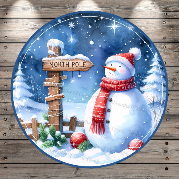 Snowman With Red Hat, North Pole, Round, Light Weight, Metal, Wreath Sign, No Holes In Sign