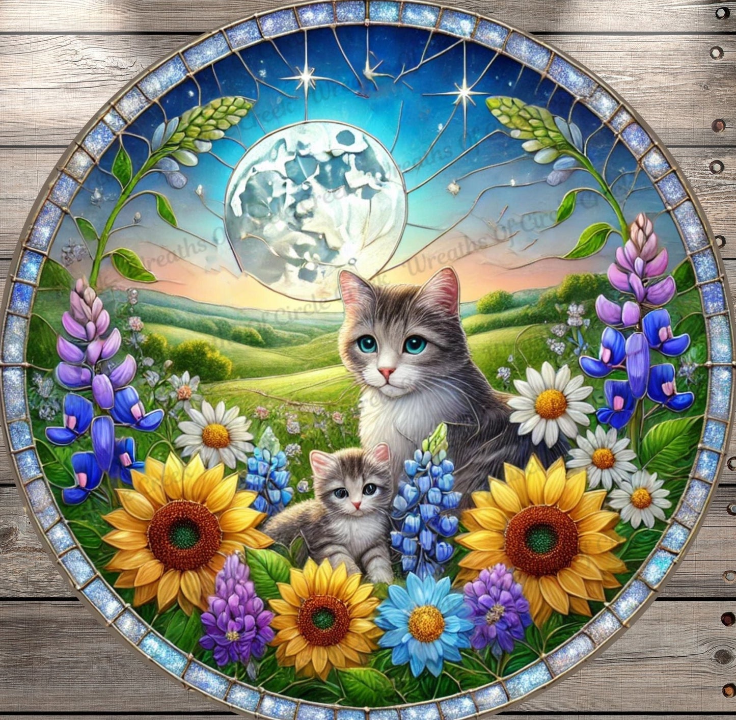 Full Moon Cat and Kitten | Lightweight Round Metal Wreath Sign | Bluebonnets & Sunflowers | Faux Stained Glass Effect | No Holes In Sign