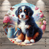 Bernese Mountain Dog, Puppy, Hearts, Valentines, Florals, Watering can, Butterflies, Whimsical, Round, Light Weight, Metal Wreath Sign, No Holes, UV Coated