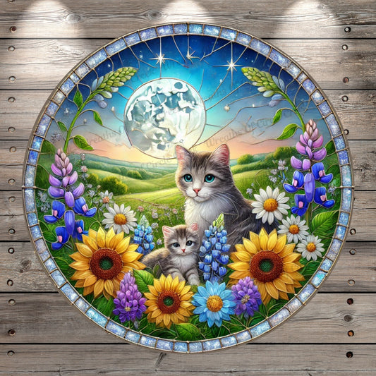 Full Moon Cat and Kitten | Lightweight Round Metal Wreath Sign | Bluebonnets & Sunflowers | Faux Stained Glass Effect | No Holes In Sign