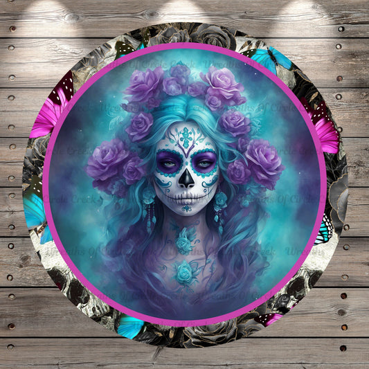 Day Of The Dead, Dia De Los Muertos, Women, Blue, Purple, Florals, Light Weight, Metal, Wreath Sign, No Holes In Sign