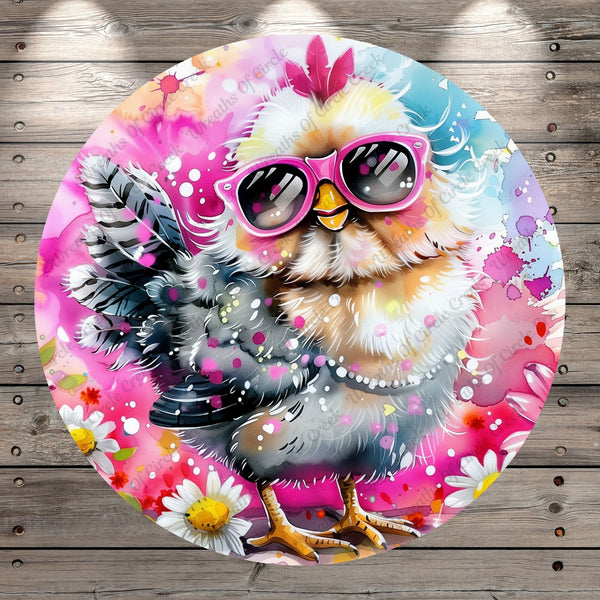 Spring Chicken, Sunglasses, Fun, Watercolor, Whimsical, Vibrant Colors, Lightweight, Wreath Sign, No Holes In Sign