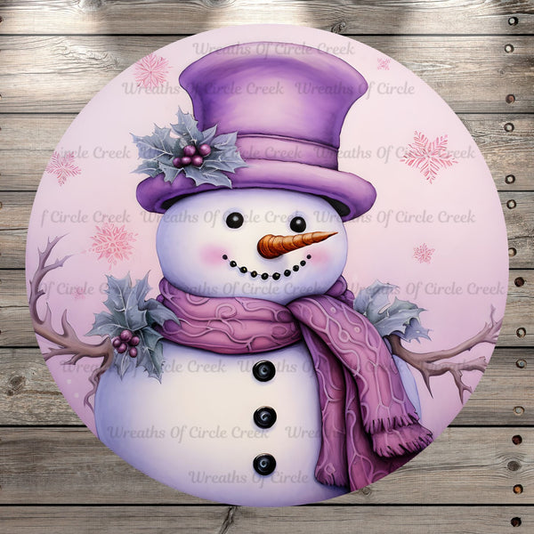 Purple and Pink, Snowman, Winter, Christmas, Round, Light Weight, Metal Wreath Sign, No Holes