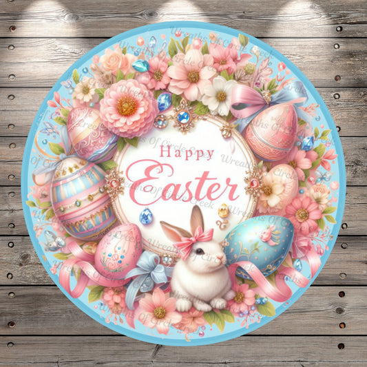 Happy Easter, Pink, Blue, Easter Eggs, Easter Bunny, Victorian, Lightweight, Metal Wreath Sign, Round, With No Holes In Sign