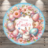 Happy Easter, Pink, Blue, Easter Eggs, Easter Bunny, Victorian, Lightweight, Metal Wreath Sign, Round, With No Holes In Sign