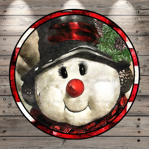 Adorable Snowman With Top Hat, Scarf, Full Face View, Classic, Red and White Border, Round, Light Weight, Metal Wreath Sign, No Holes