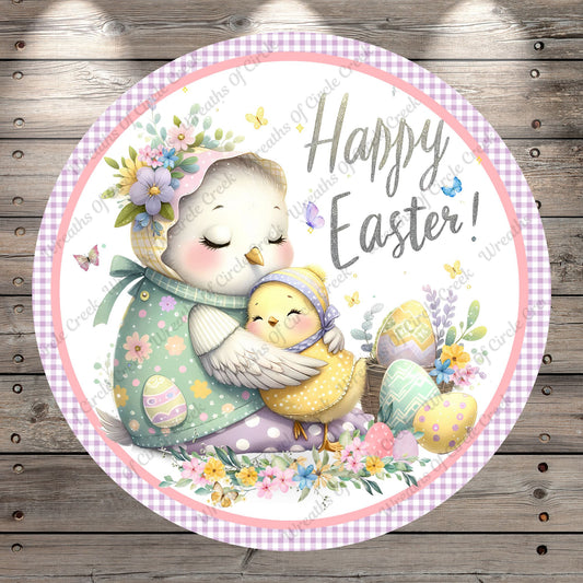 Happy Easter, Chickens, Baby Chick, Sweet, Easter Eggs, Florals, Spring, Lightweight, Metal, Round, Wreath Sign, No Holes In Sign