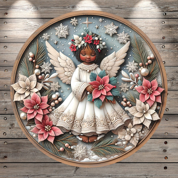 African American Angel, Holding A Poinsettia, Winter, Christmas, Faux 3D, Round, Light Weight, Metal, Wreath Sign, No Holes In Sign