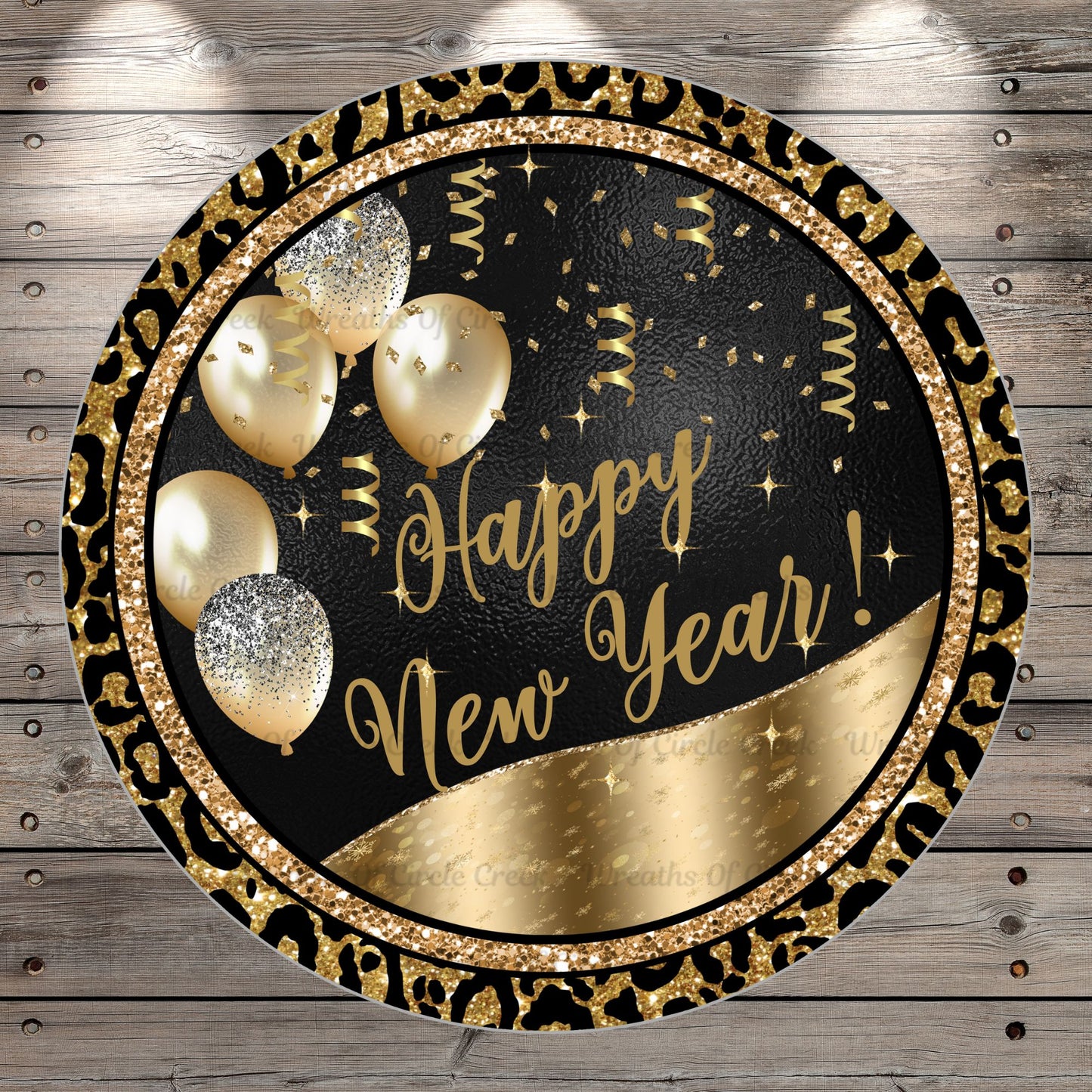 Happy New Year, Balloons, Leopard, Black, Gold, Silver, Wreath Sign, No Holes, Round UV Coated, Metal