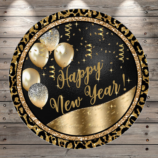 Happy New Year, Balloons, Leopard, Black, Gold, Silver, Wreath Sign, No Holes, Round UV Coated, Metal