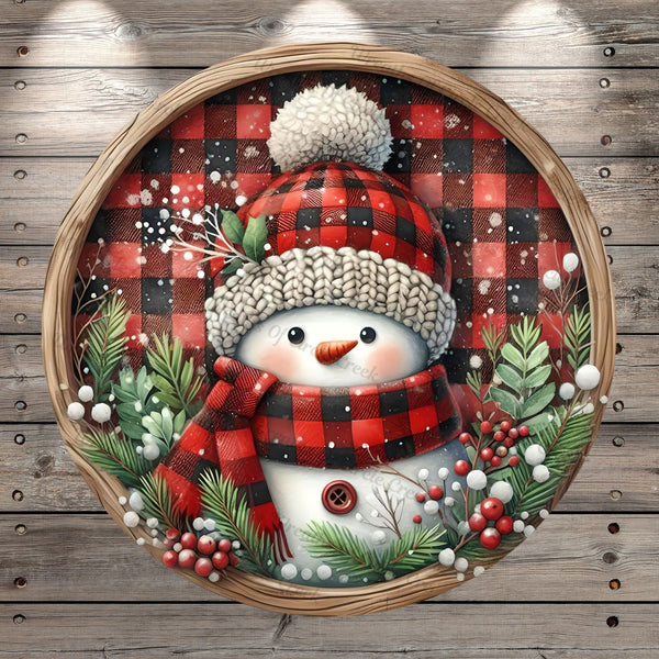 Woodland Snowman, Red And Black Plaid, Round, Light Weight, Metal, Wreath Sign, No Holes In Sign
