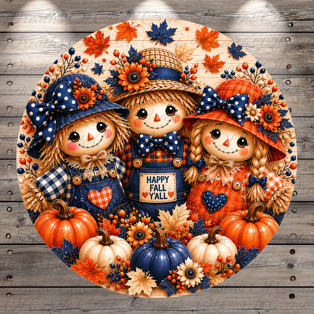 A round, decorative image featuring three scarecrow dolls surrounded by autumn-themed elements such as pumpkins, flowers, and leaves.