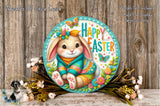 A colorful Easter-themed wreath featuring a cartoon bunny wearing a sweater and surrounded by flowers and greenery.