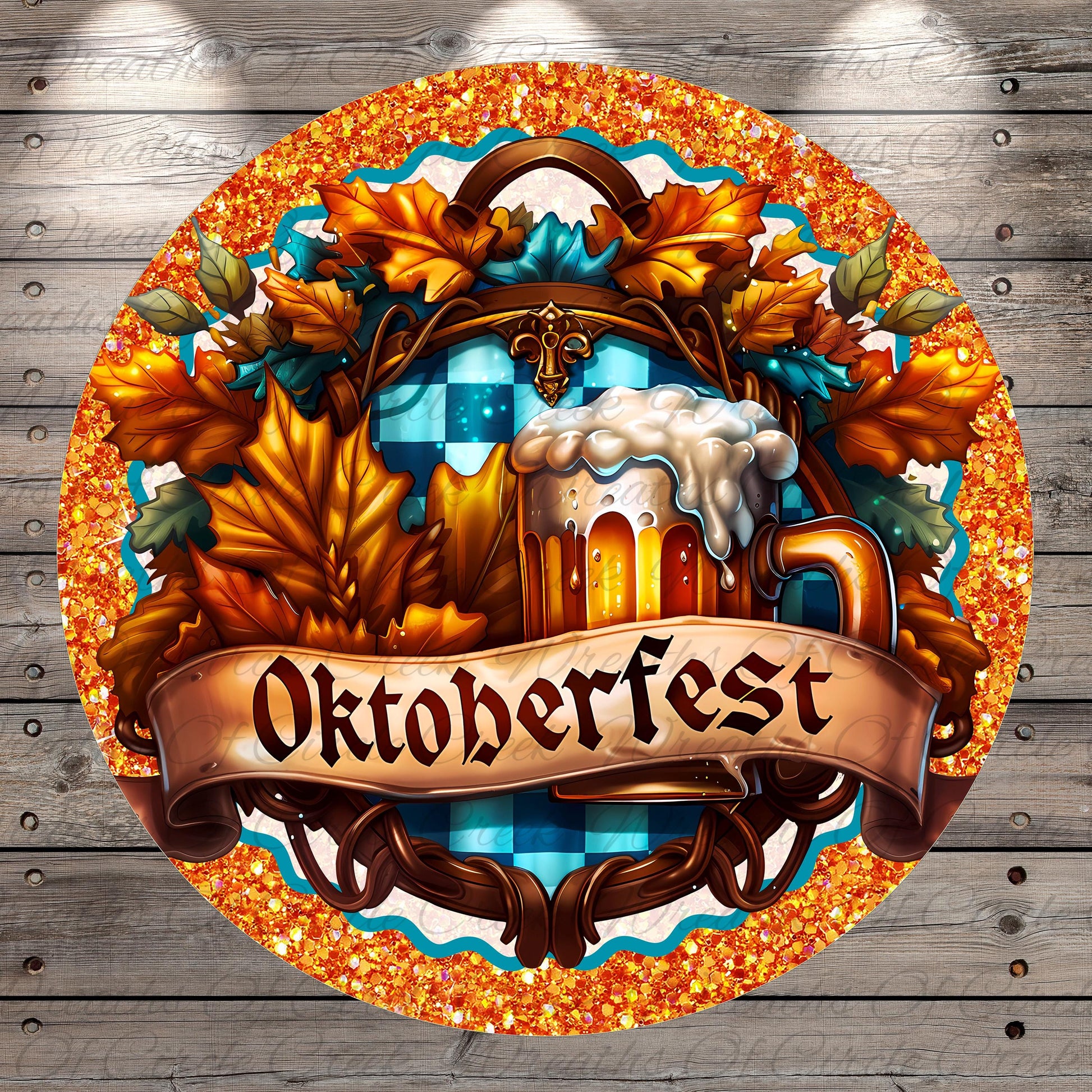 The image is a circular graphic with a banner that reads "Oktoberfest", surrounded by autumn leaves and a mug of beer.