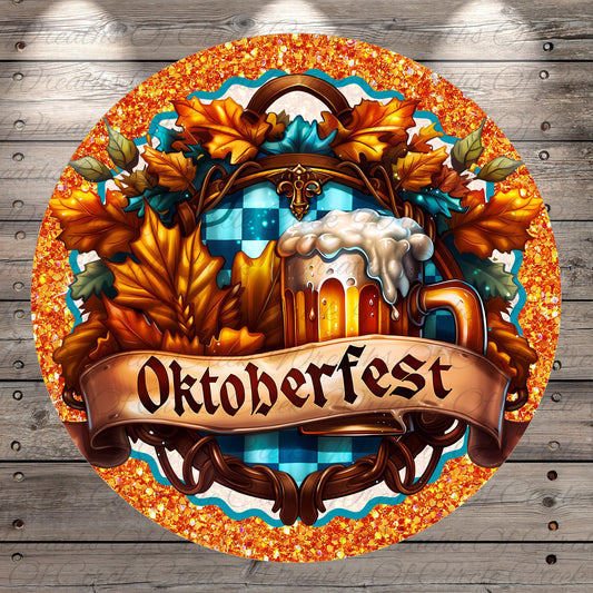 The image is a circular graphic with a banner that reads "Oktoberfest", surrounded by autumn leaves and a mug of beer.