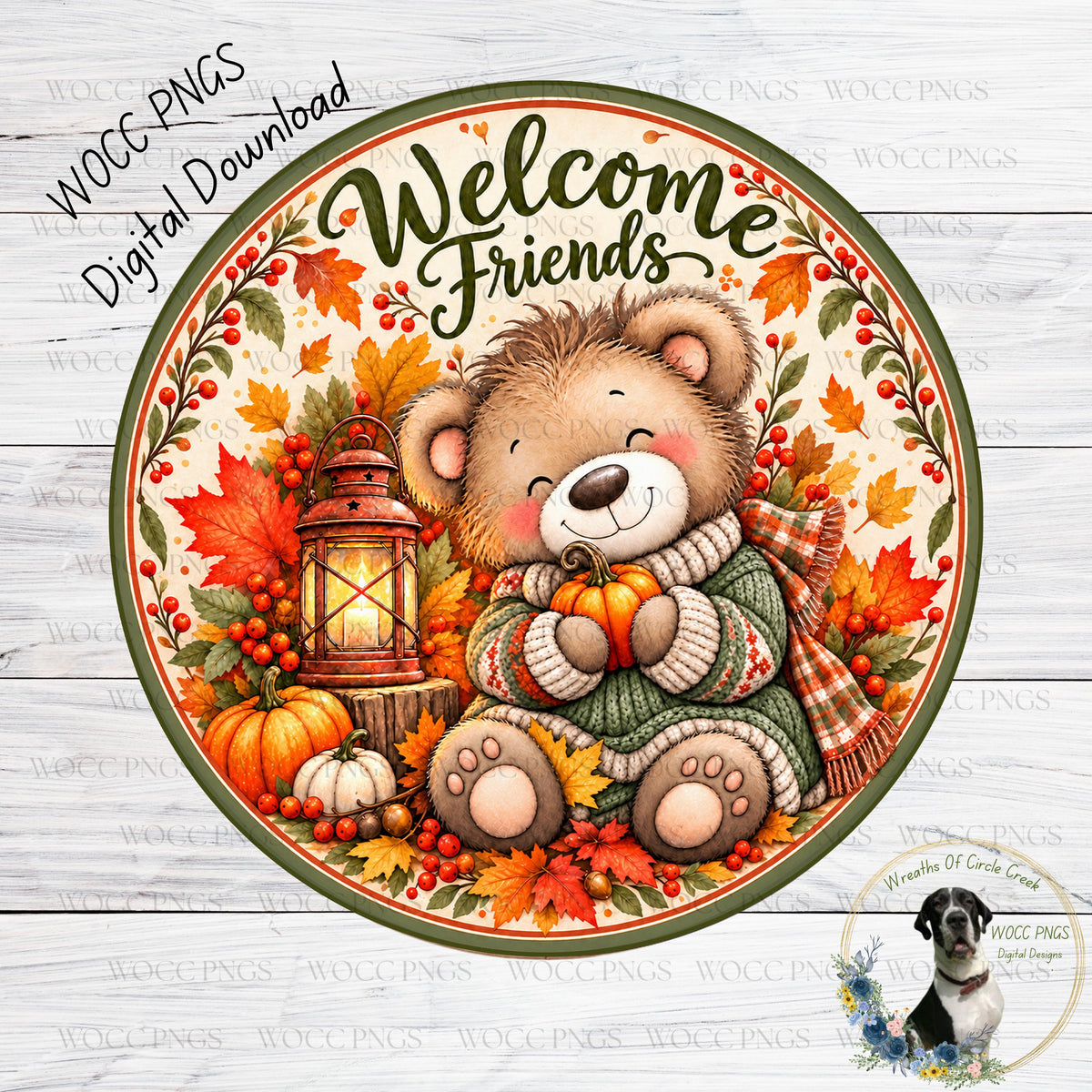A cheerful teddy bear holding a pumpkin and surrounded by autumn leaves, with a lantern and berries in the background, all set against a white wooden background.