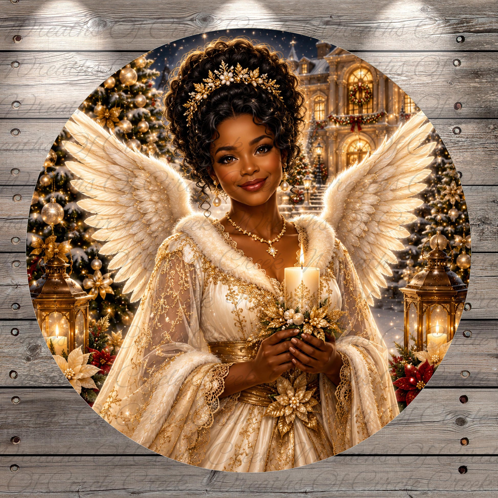 A woman with large, angelic wings stands in a festive setting, holding a lit candle and surrounded by Christmas decorations.
