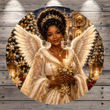 A woman with large, angelic wings stands in a festive setting, holding a lit candle and surrounded by Christmas decorations.