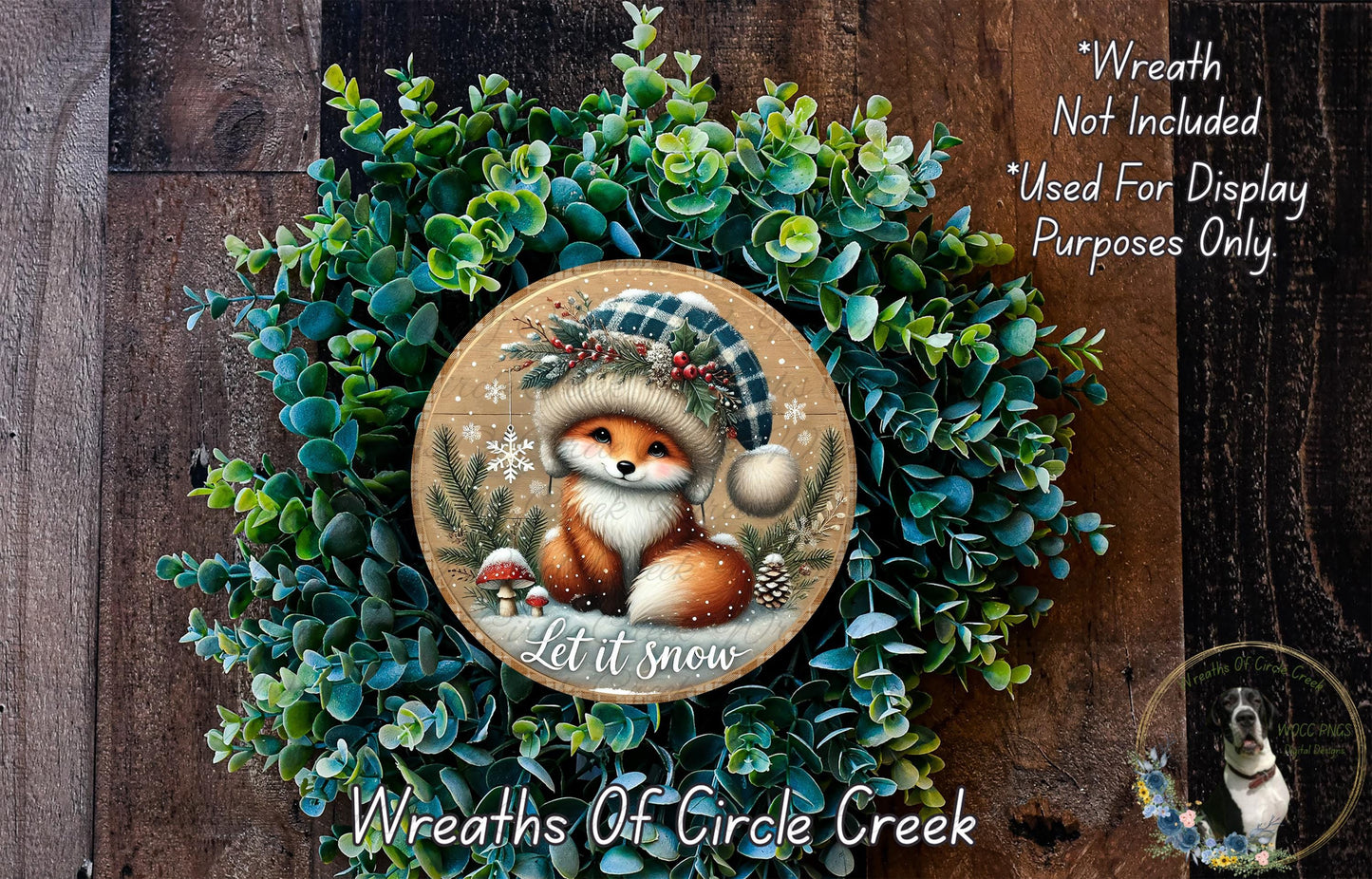 A wreath made of green foliage and a small fox wearing a hat, with the text "Let it snow" and "Wreaths of Circle Creek" displayed.
