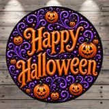 a circular design with the text "Happy Halloween" written in an ornate, decorative font. The design is surrounded by orange and purple elements, including pumpkins and other Halloween-themed decorations.