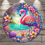 A vibrant, circular wreath-like design featuring a pink flamingo surrounded by tropical flowers, seashells, and starfish against a beach backdrop.