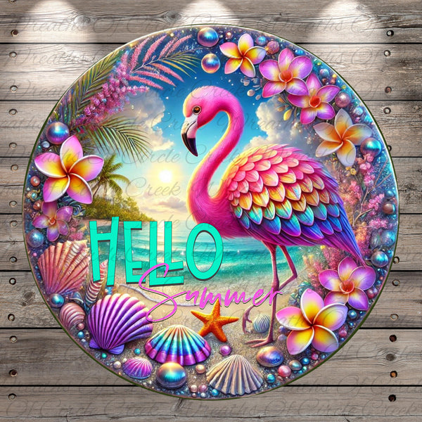 A vibrant, circular wreath-like design featuring a pink flamingo surrounded by tropical flowers, seashells, and starfish against a beach backdrop.