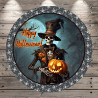Happy Halloween, Skelton with Jack-O-Lantern, Spider Border, Round UV Coated, Metal Sign, No Holes