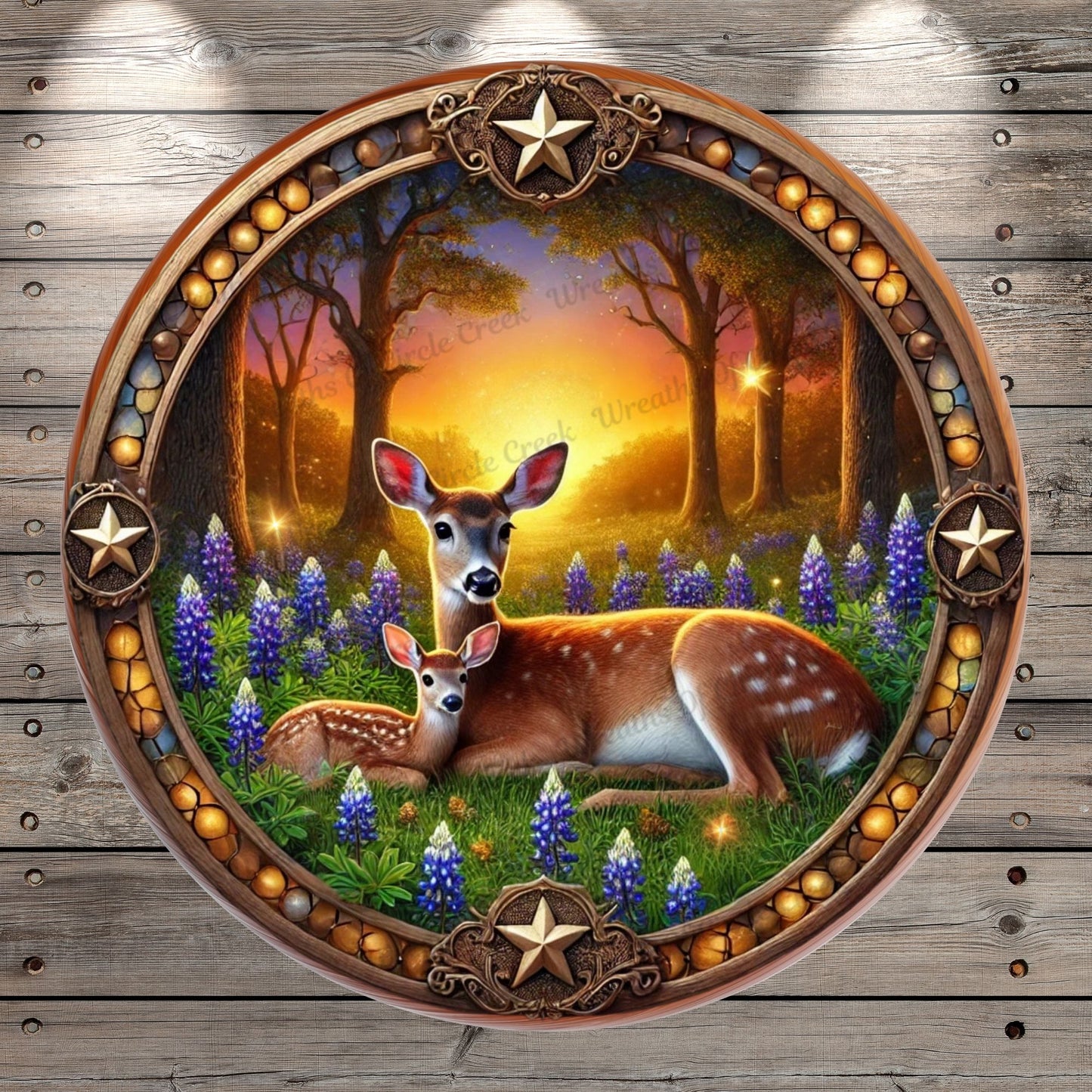 Doe and Fawn | Lightweight Round Metal Wreath Sign | Deer In Meadow | Bluebonnets | No Holes In Sign