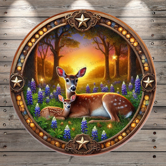 Doe and Fawn | Lightweight Round Metal Wreath Sign | Deer In Meadow | Bluebonnets | No Holes In Sign