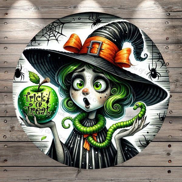 Witch With Green Apple, Trick Or Treat, Round, Light Weight, Metal Wreath Sign, No Holes In Sign
