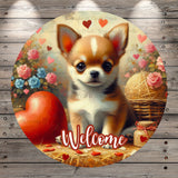 Chihuahua Puppy, Hearts, Valentines, Florals, Whimsical, Round, Light Weight, Metal Wreath Sign, No Holes, UV Coated