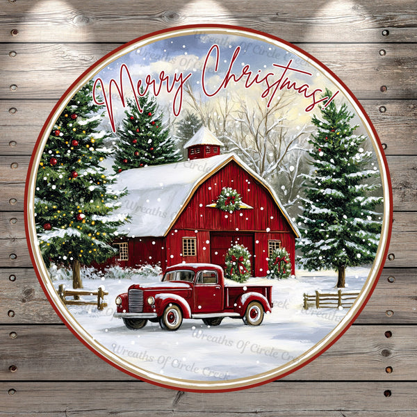 Red Barn, Truck, Christmas Scene, Merry Christmas, Light Weight, Metal, Wreath Sign, No Holes In Sign