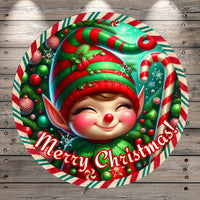 Smiling Christmas Elf, Merry Christmas, Classic, Retro, Candy Canes, Red, Green, Round, Light Weight, Metal ,Wreath Sign, No Holes In Sign