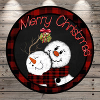Snowman Couple, Mistletoe, Black, Red, Plaid, Love, Winter, Christmas, Round, Light Weight, Metal Wreath Sign, No Holes