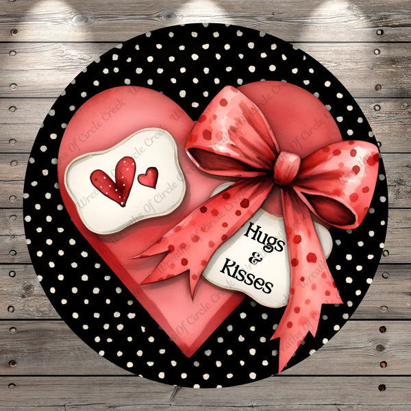 Big Heart, Polka Dots, Hugs & Kisses, Happy Valentine's Day, Round, Lightweight, Metal Wreath Sign, No Holes In Sign