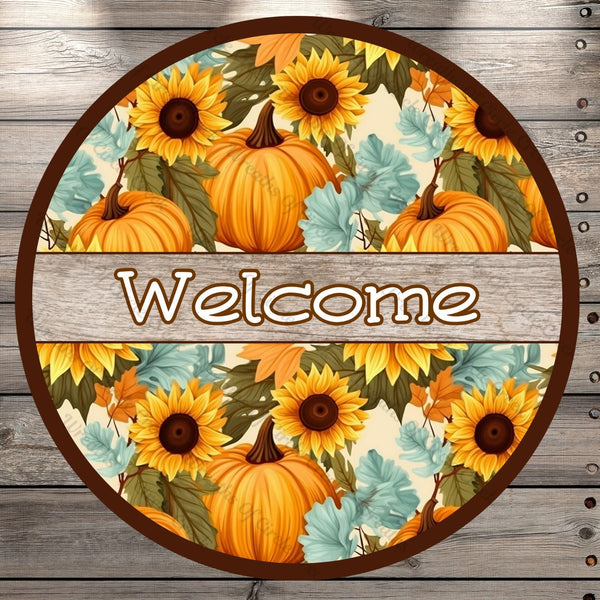 Welcome Pumpkins, Fall, Blue, Brown, Orange, Round UV Coated, Metal Sign, No Holes