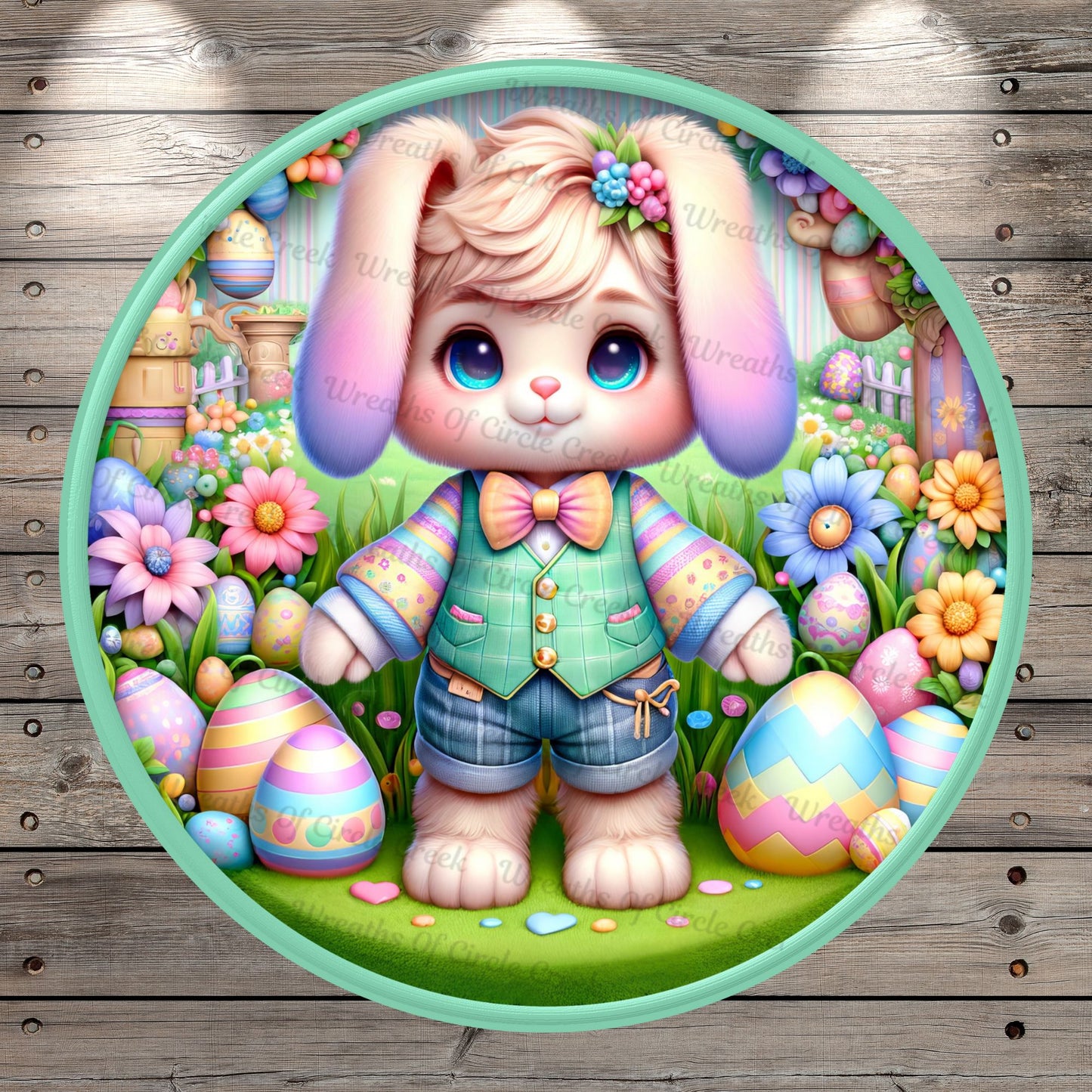 Boy, Easter Bunny, Pastel, Rainbow, Multi, Easter Eggs, Florals, Lightweight, Metal Wreath Sign, Round, With No Holes In Sign