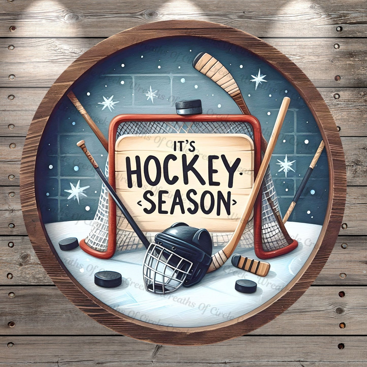 Hockey, It's Hockey Season, Faux Wood, Round, Lightweight, Metal, Wreath Sign, No Holes In Sign